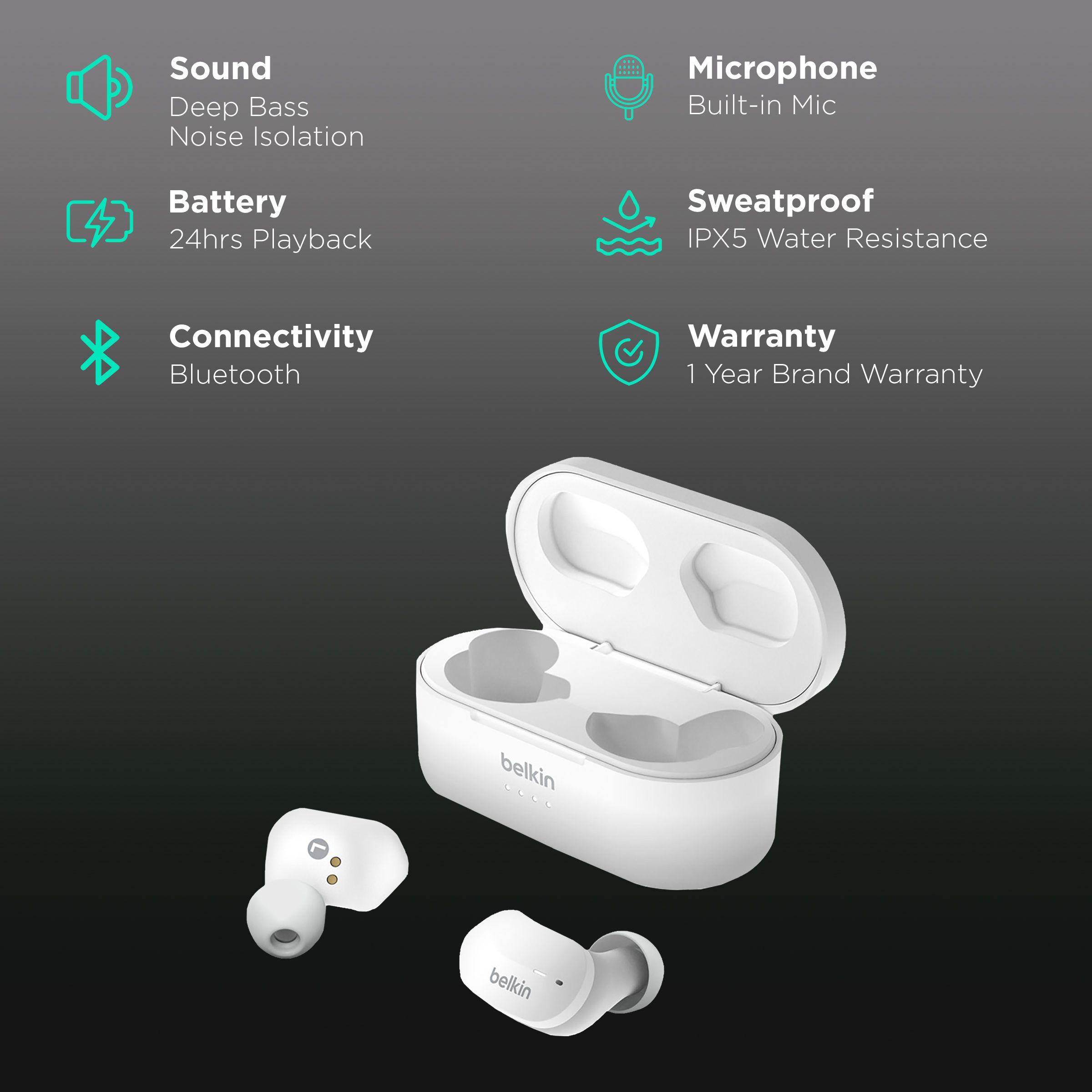 Belkin Soundform AUC001btWH TWS Earbuds with Noise Isolation (IPX5 Sweat & Water Resistant, 24 Hours Playback, White)_2